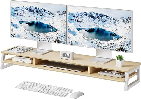 Dual Monitor Stand Riser for Desk, 41.7 Inch Large 2 Tier Computer Monitor Stand for 2 Monitors, Desktop Storage Organizer Shelf with Keyboard Space for Laptop PC Printer, Beige by Unknown