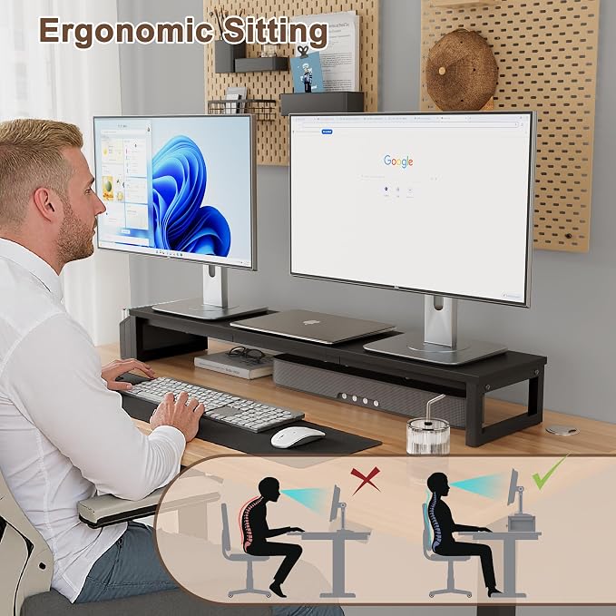 LAND·VOI Dual Monitor Stand Riser,41.5'' Long Monitor Stand for 2 Monitors, Wood and Steel Computer Monitor Stand, Desktop Oraganizer with Pen Holder, Monitor Riser for Desk Computer,Laptop,TV, Black - Image 5