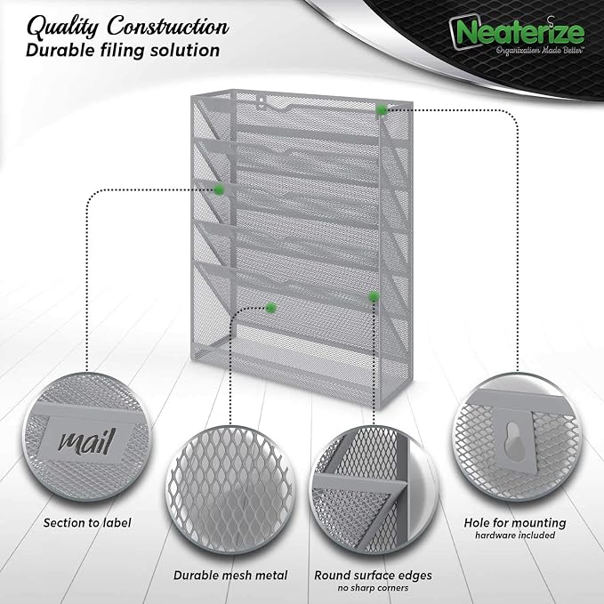 NEATERIZE Item Container, Mail Organizer for Wall, Mesh Hanging File Organizer, For Papers, Folders, Files Clipboard & Magazine Organization - Home, Office Classroom, Metal, Paper, Gray - Image 5