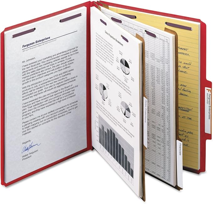 Smead Pressboard Classification File Folder with SafeSHIELD Fasteners, 2 Dividers, 2" Expansion, Letter Size, Bright Red, 10 per Box (14031) - Image 3