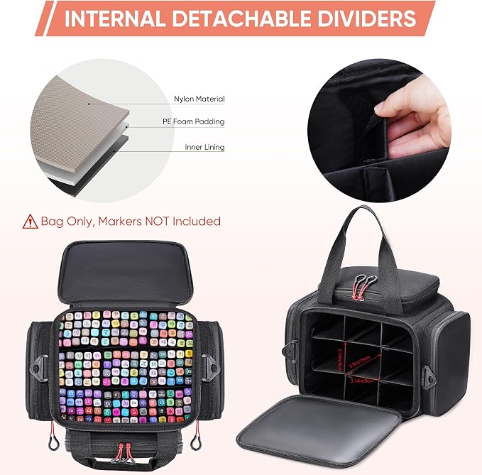 Large Marker Organizer Case for 200-300 Markers, Art Marker Storage Bag with Removable Dividers & 4 Pockets for Paint Markers, Shoulder Strap, Pencil Alcohol Marker Holder - Image 2