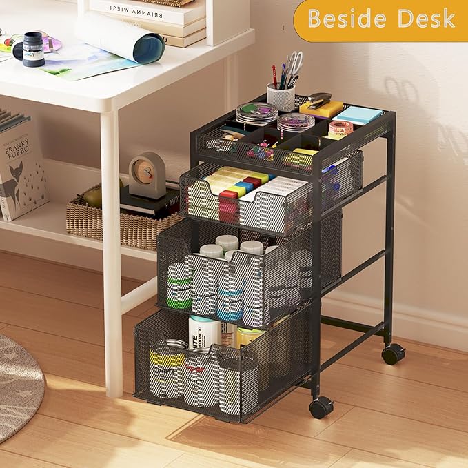 Rolling Utility Cart with 3 Drawers, Craft Organizer and Storage with DIY Divider, Lockable Wheels, Multi-Functional Storage for Art Supplies, Store for Brushes & Paints & Small Parts(Patent Pending) - Image 3