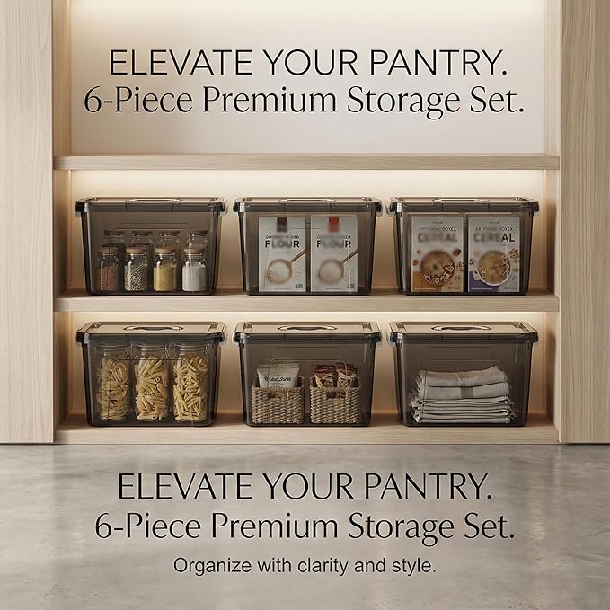 Stackable Plastic Black Storage Bins with Lids 6 Pack, 12 Quart Modular Organizer Boxes with Secure Latches for Closet, Pantry, Office and Small Item Storage - Image 6