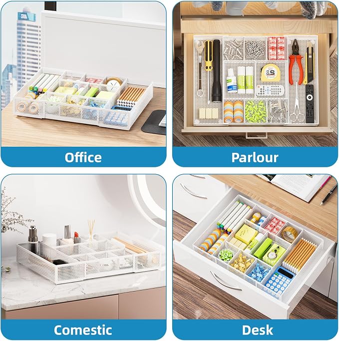 Marbrasse Expandable Desk Drawer Organizer, Mesh Drawer Organizer Tray with 10 Adjustable Compartments, Desk Organizers and Accessories for Office Supplies, Makeup & Vanity (Expandable White-2 pack) - Image 4