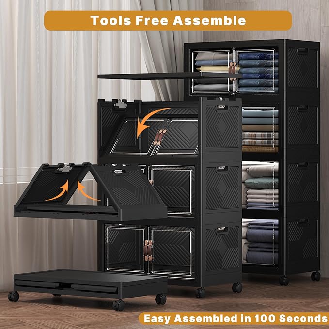 480QT Stackable Storage Bins with Lids, Doors & Wheels | Closet Organizers and Storage Cabinet , Lockable Plastic Foldable Drawers for Bedroom Dorm Office Garage（120QT*4,Black） - Image 5