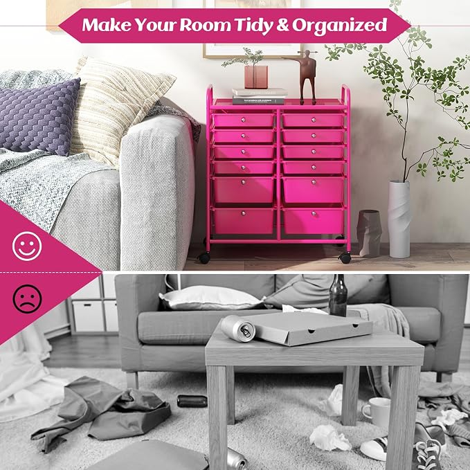 GOFLAME 12-Drawer Rolling Storage Cart, Multipurpose Organizer Cart with 2 Sizes Plastic Drawers, Mobile Utility Cart with Lockable Casters for School, Home Office, Beauty Salon, Hot Pink - Image 8