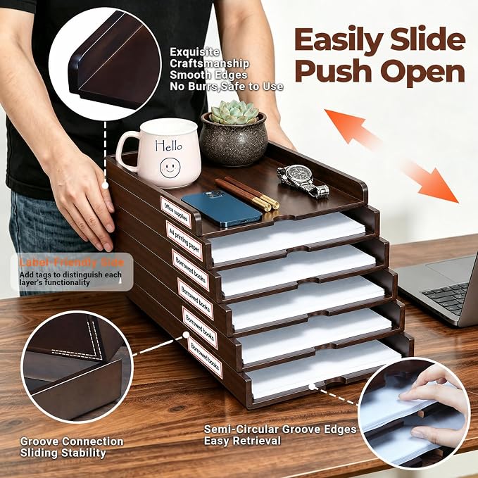 Solid Wood Letter Tray, 6-Tier Pull-Out Paper File & Desk Organizer, Walnut | Stackable Wooden Paper Organizer for A4, Mail & Folders, 5-in-1 Desktop Storage with Tablet Phone Stand for Home Office - Image 4
