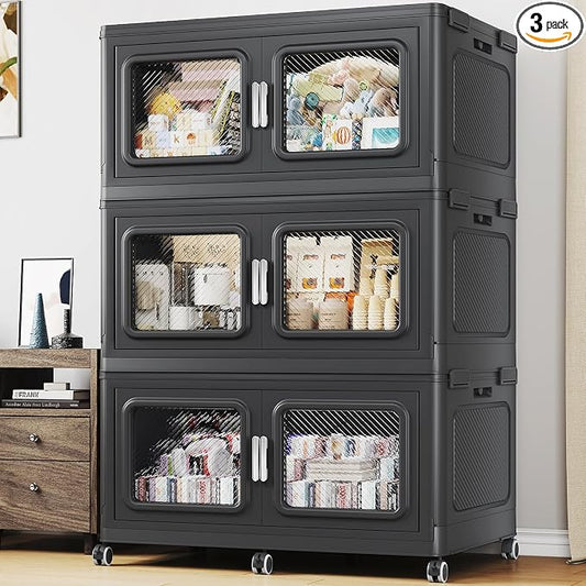 BROVIEW 660 Qt Extra Large Stackable Storage Bin with Lids, 3 Pack Black | 165Gal Extra Large, Collapsible Storage Boxes with 3 Lids, Folding& Rolling Plastic Drawer, Heavy-Duty Cabinet Organization by BROVIEW-EnjoytheArtofLife