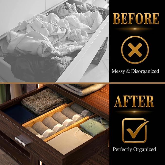 Adjustable Bamboo Drawer Dividers Expandable 8 Pack 17-22 Organizer | Kitchen, Dresser, Closet, Bathroom, Bedroom & Office Storage, Solid Moso Bamboo, Spring-Loaded, 80 Labels - Image 4