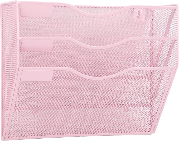 3 Pocket Mesh Hanging Wall File Organizer, Wall Mounted Mail Paper Document Folder Holder, Clipboard Storage Organization Magazine Rack with Nametag Label for Office Home School, Pink by EASEPRES