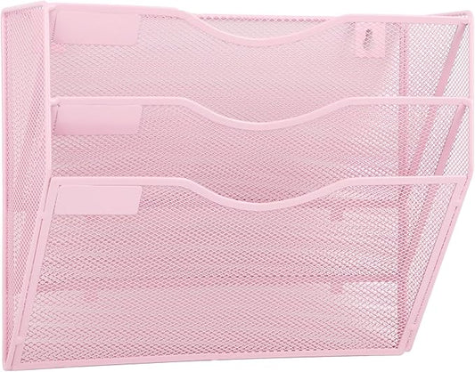 3 Pocket Mesh Hanging Wall File Organizer, Wall Mounted Mail Paper Document Folder Holder, Clipboard Storage Organization Magazine Rack with Nametag Label for Office Home School, Pink by EASEPRES