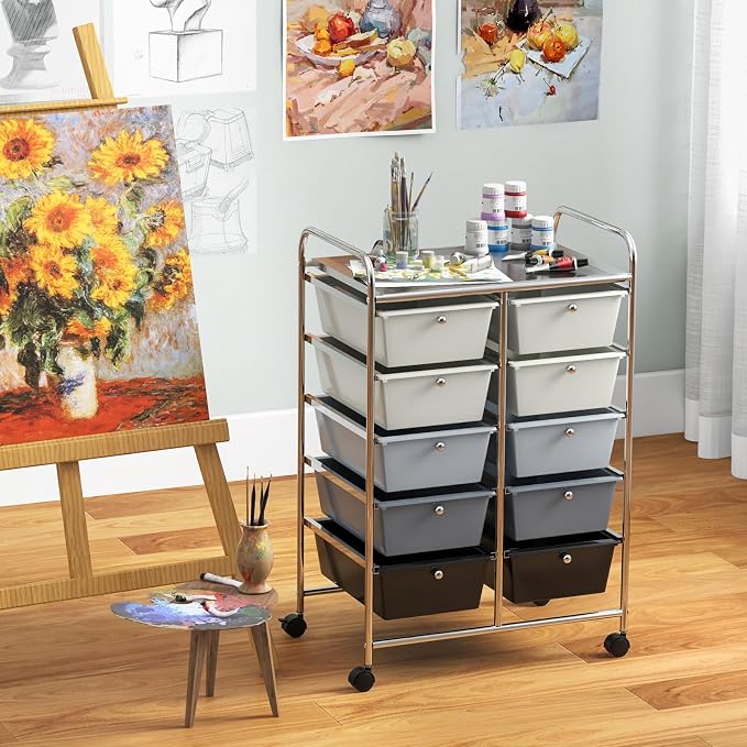 Giantex 10 Drawers Rolling Cart, Classroom Organizers, Storage Cart with Wheels, for Teacher Office Home School Supplies Tool Craft Art Paper, Gray Gradient - Image 4