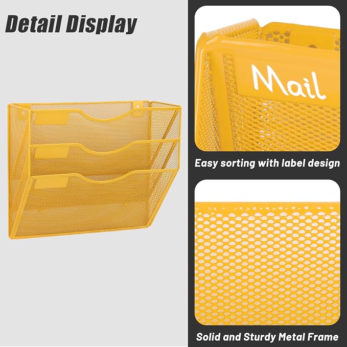3 Pocket Mesh Hanging Wall File Organizer, Wall Mounted Mail Paper Document Folder Holder, Clipboard Storage Organization Magazine Rack with Nametag Label for Office Home School, Yellow - Image 5