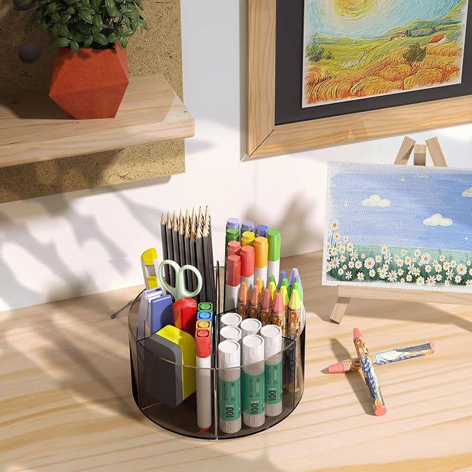 Mefirt Acrylic Pen Organizer, 360 Degree Rotating Desk Organizer with 6 Compartments Crayon Holder for Office, School, Home, Art Supply, Grey - Image 2