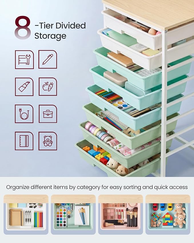 VASAGLE 8-Drawer Rolling Storage Cart, Utility Cart with Wheels and Wood Top, Craft Organizer for Office and Home, 15.6 x 11.2 x 30.1 inch, Green and White, Benco Collection ULRC006C101 - Image 6