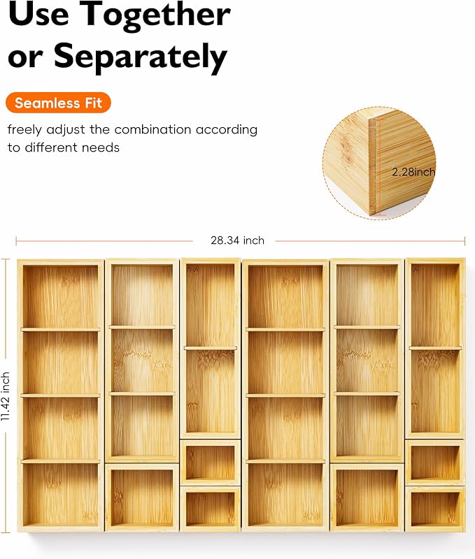 12-Piece Bamboo Drawer Organizer Set, 24 Compartments Modular Storage | Natural Bamboo, Flexible Modular Trays, Water-Resistant, Stackable Design, Adjustable, Excellent Organization, Easy to Clean - Image 2