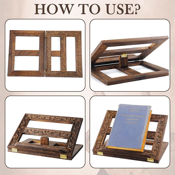 DoubleFill Adjustable Wooden Bible Stand Carved Bible Holder Missal Stand Book Display for Reading Folding Religious Prayer Wooden Holy Book Holder 12.99 x 10.04 Inches(Dark Brown) - Image 4