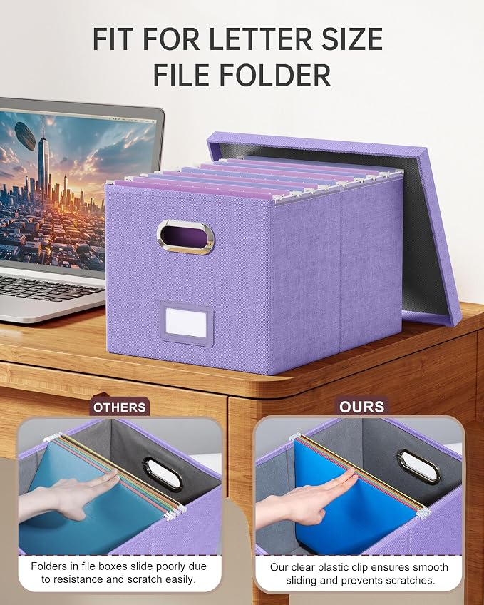 2 Pack File Storage Organizer, Filing Box, Portable File Box with Lid, Fit for Letter/Legal File Folder Storage, Document Organizer, Lavender - Image 4