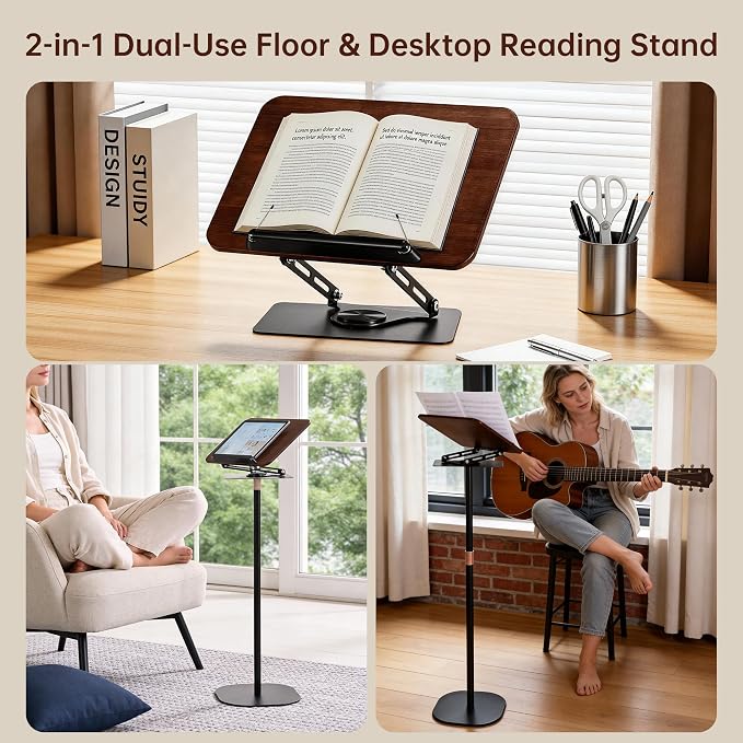 2-in-1 Floor & Desktop Book Stand, Adjustable Reading Music Podium | Portable Dual-Use 19"-62.2" Music Sheet Display, Laptop, Cookbook, Projector Stand Holder, 360° Rotate, Page Clip, Wood - Image 2