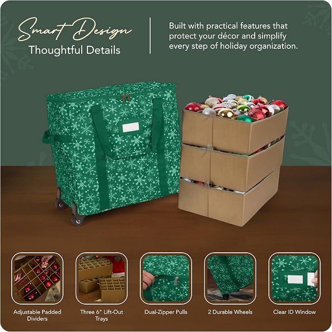 Covermates Keepsakes Rolling Adjustable Ornament Storage Bag – Heavy-Duty Polyester, FlexGrid Trays & Padded Dividers – Protective Holiday Organizer with Wheels, Handles & ID Window, Green Snowflake - Image 4