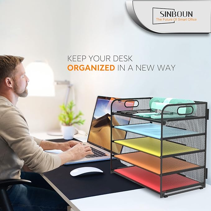 Letter Tray Paper Organizer 5-Tier Desk Organizer File Organizer Paper Holder with Handle, Metal Desktop Document Shelf Tray Office Classroom Organization - Black - Image 6