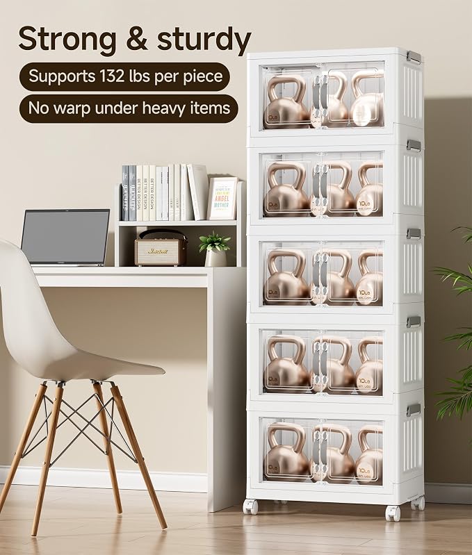 Hanyi 175 QT Stackable Storage Bins with Lids, 5 Tier Collapsible Plastic Storage Cabinet with Magnetic Doors, Removable Top Lid, Locking Wheels, Closet Organizer for Bedroom, Pantry, Office - Image 4