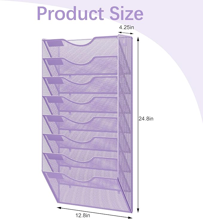 EasyPAG 8 Pocket Mesh Wall File Organizer, Hanging Paper Folder Holder with Classify Label, Vertical Wall Mount Mail Organizer for Office Home Classroom, Purple - Image 9