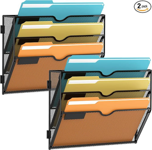 3 Tier Wall File Organizer, Hanging Wall Mounted Mail Organizer with Label Slots, Metal Mesh File Holder Magazine Rack for Office, Home, School or Classroom, Black, 2Pack by SUPEASY