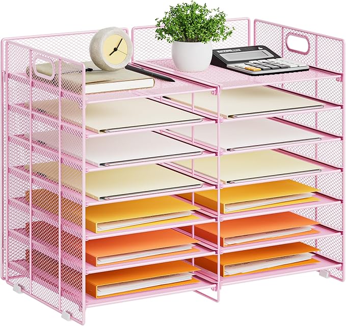 Marbrasse Desktop Literature Organizer, 12 Compartments Mesh Paper Organizer Desk Organizers, Adjustable File Sorter Mail Center Paper Storage Cabinet Classroom Mailbox for Office Home School, Pink by Marbrasse