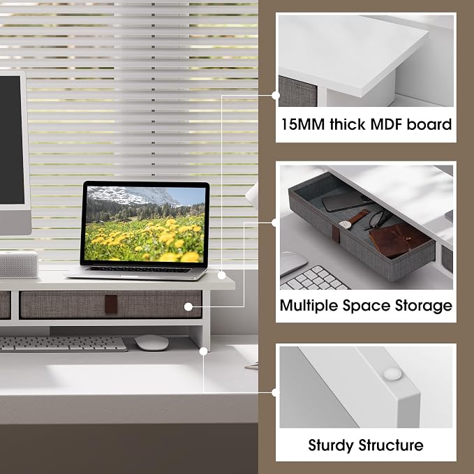 Fenge 35 Inch Monitor Stand with Drawer Storage, Computer Riser for Desk | Wooden Computer Shelf, 2 Tiers, for Dual Monitor/Laptop/PC/TV/Printer up to 55Lbs, Home Office Desk Organizer - Image 3