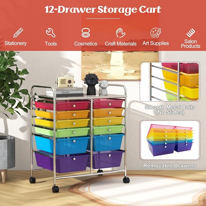 GOFLAME 12-Drawer Rolling Storage Cart, Multipurpose Organizer Cart with 2 Sizes Plastic Drawers, Mobile Utility Cart with Lockable Casters for School, Home Office, Beauty Salon, Rainbow - Image 4