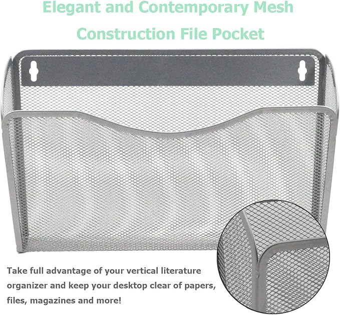 6 Single Pocket Mesh Hanging File Organizer, Vertical Wall Mounted Magazine File Holder, Mount Basket Mail Paper Document Folder Organizing for Office, Home and School, Silver - Image 3