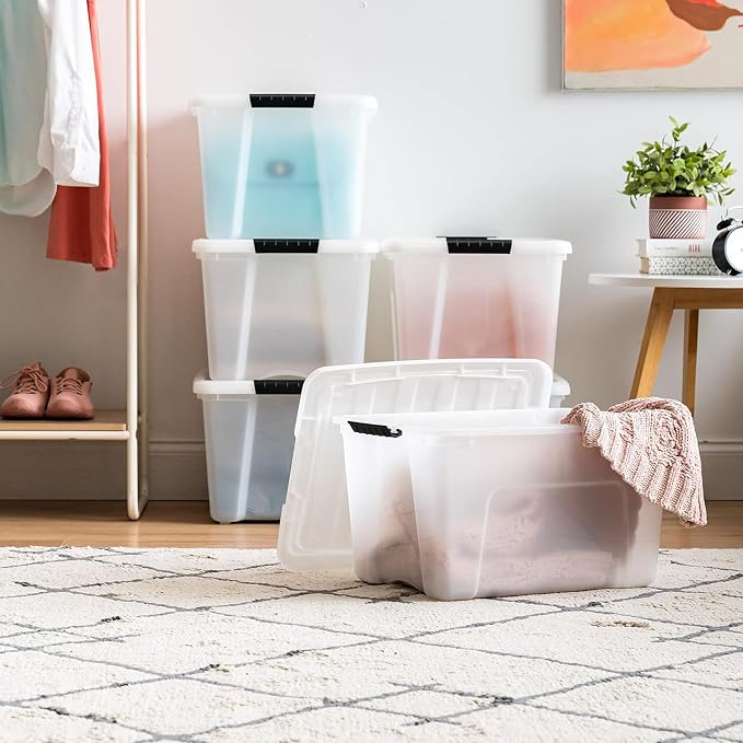 IRIS USA 6-Pack 40 Quart Storage Bins with Lids, Pearl | Conceals contents for a clean look. Perfect for moving, blankets, clothing, and garage storage. Nestable design saves space - Image 5