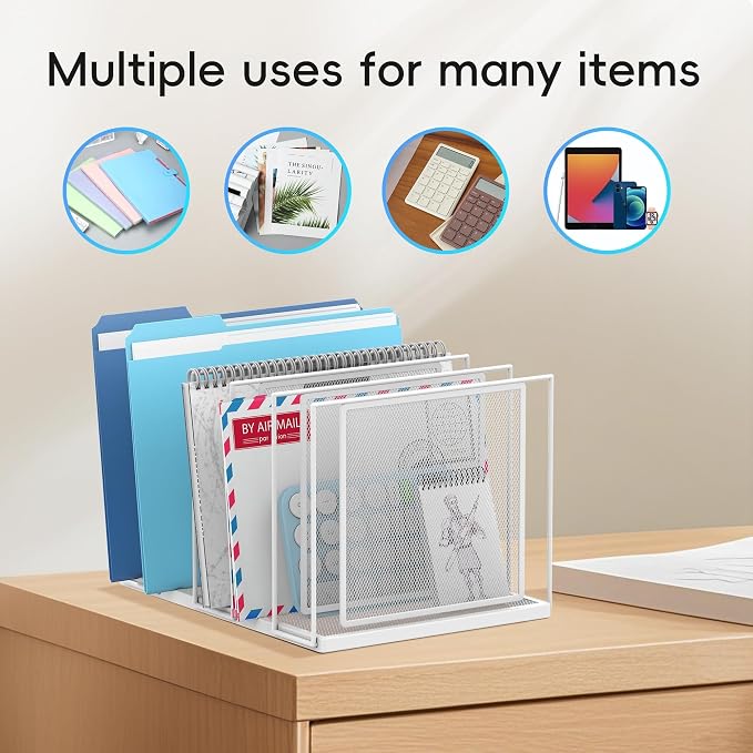 File Organizer for Desk, 5-Section Vertical File Sorter, Paper Holder Organizer Standing Metal File Folder for Office Home Classroom, White - Image 3