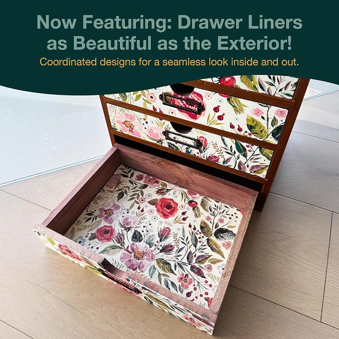 4-Drawer Vintage Desk Wood Storage Box With Drawers in Floral Chintz - Wooden Table Organizer I End Clutter & Dullness, Personalize Your Workspace - Beautiful Flower Design for Office & Home - Image 3