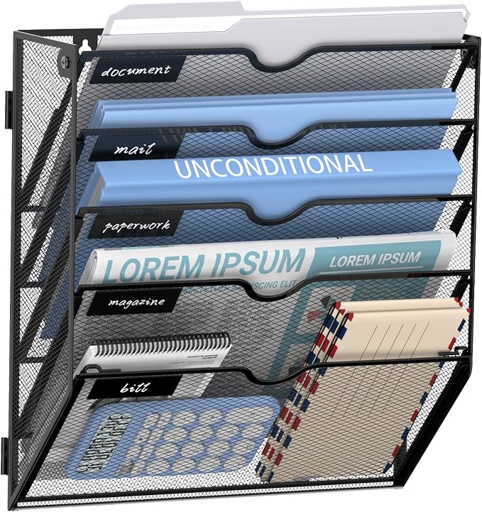 5-Tier Wall File Organizer and Hanging File Organizer, Black | Wall Organizer and Wall Mounted File Holder with 5 Pockets and Label Panels for Files, Mail, Folders, Magazines and Paper by JMHUD