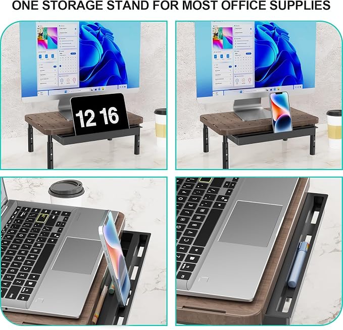 WALI Plastic Computer Monitor Stand with Storage, Adjustable Laptop Riser | Laptop Riser with Airflow Vents, Desk Organizer for Computer, Printer, Notebook (PTT002-C), 1 Pack, Brown - Image 6