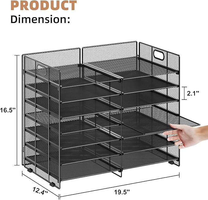 Marbrasse 12 Slots Desktop Literature Organizer, 7-Tier Mesh Paper Organizer for Desk, Adjustable Mail File Sorter Tray with Handle, Desktop Classroom Mailbox Cabinet for Office Home School, Black - Image 3