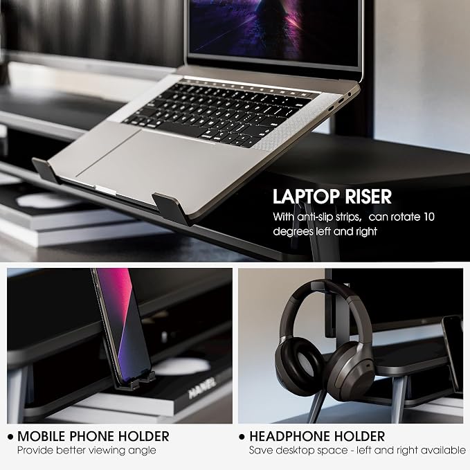 Fenge 42.5-Inch Monitor Stand Riser with Laptop, Phone & Headphone Holders | 10° Adjustable Laptop Holder, 2-Tier Storage, Dual Monitor or Monitor-Laptop Setup, Ideal for Multitasking, Gaming, Streaming - Image 3
