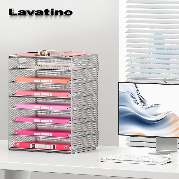 Lavatino 8-Tier Office Desk File Organizer, Letter Tray Paper Organizer with Handle, Including 5 Adjustable Slide Trays for Organizing Desktop Workspace Accessories and Supplies (Silver Metal Mesh) - Image 4