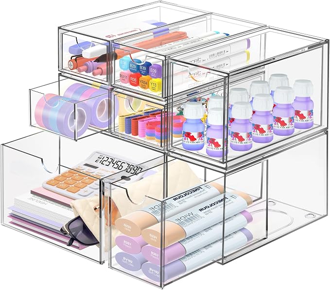 Desk Organizer with 7 Drawers, FODIENS 7 Packs Acrylic Stackable Desktop Storage Drawers Makeup Organizer, Clear Craft Storage Box Cabinets for Office Vanity Countertop Bathroom Bedroom by FODIENS