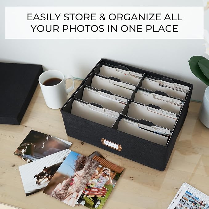 ZICOTO Decorative Photo Storage Box - Sturdy Linen Photo Organizer with Dividers is Perfect to Store Up to 1700 Pictures and 4x6 Photos - Portable Scrapbook Storage Containers with Lid - Image 2