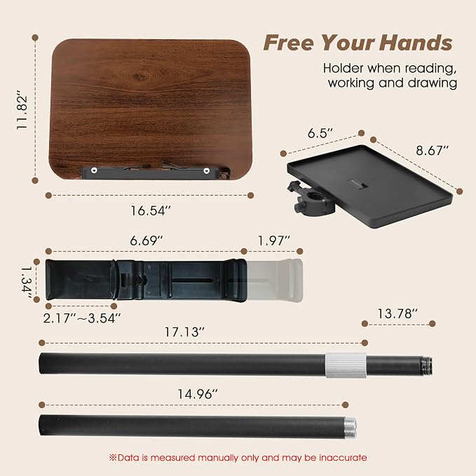 2 in 1 Adjustable Music Stand for Sheet Music, Dual Use Desktop and Floor, Book Stand with Tray & Elastic Page Clips for Music Sheet, Recipe, Tablet, Laptop Height Adjustable 23.5-52 in (Walnut) - Image 7