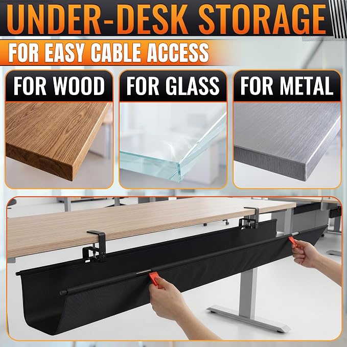 Under Desk Cable Management Tray 48" — No Drill Clamp-On Cord Organizer for Desk with Built-in Ties, Heavy Duty Metal Clamp, Foldable 600D Oxford Fabric for Home Office, WFH & Gaming PC Setup (Black) - Image 7
