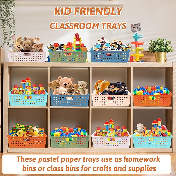 12 Pcs Plastic Classroom Storage Basket Bulk 14 x 10 In Turn in Paper Trays for Classroom A4 Size Colorful Storage Organizer Bin with Handles Stackable Container for Playroom Home Office School Supply - Image 6