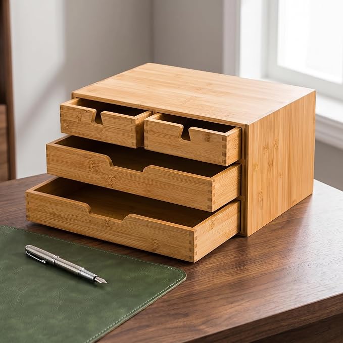 Bamboo Desk Organizer, 100% Natural Bamboo Desktop Drawer Organizer, Tabletop Storage Cabinet Organization Box with 4 Drawers for Makeup, Letter, Home Office Supplies, 3-Layer, Fully Assembled - Image 4