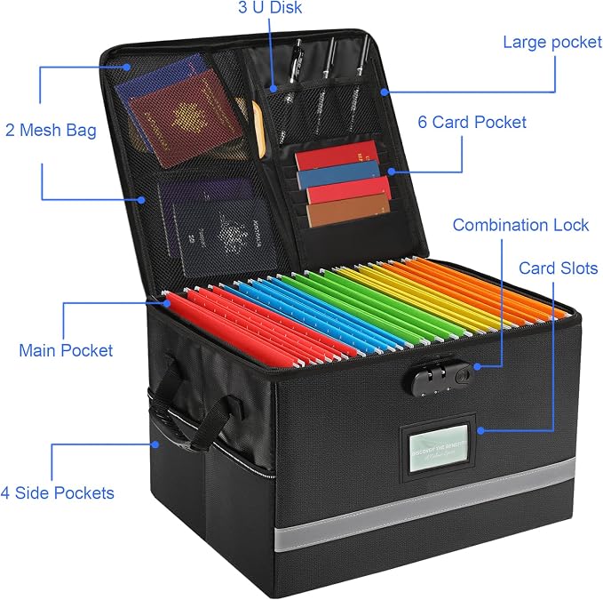 EXLIFBAG File Organizer, Fireproof File Box with Lids, Important Document Organizer Box with Lock, Portable File Folder Organizer with Handle - Image 2