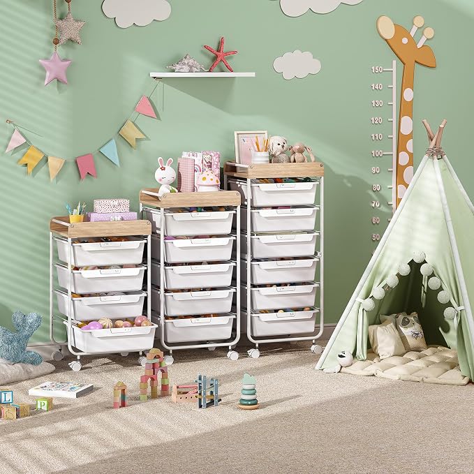 Rolling Craft Storage Cart with 6 Drawers, Art Cart,White | Utility Cart with Wooden Top, for Craft Room, Kids Art Station, Sewing Storage, Space-Saving for Home Office & Bedroom - Image 9