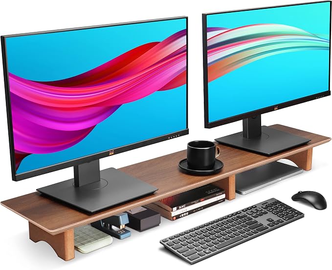 Aothia Solid Wood Dual Monitor Stand Riser for Desk, 43 Inch Black Walnut Computer Monitor Riser with Cork Legs, Extra Long Desktop Organizer Shelf for 2 Monitors, Laptop & Printer by AothiaSimpleNaturalUnique