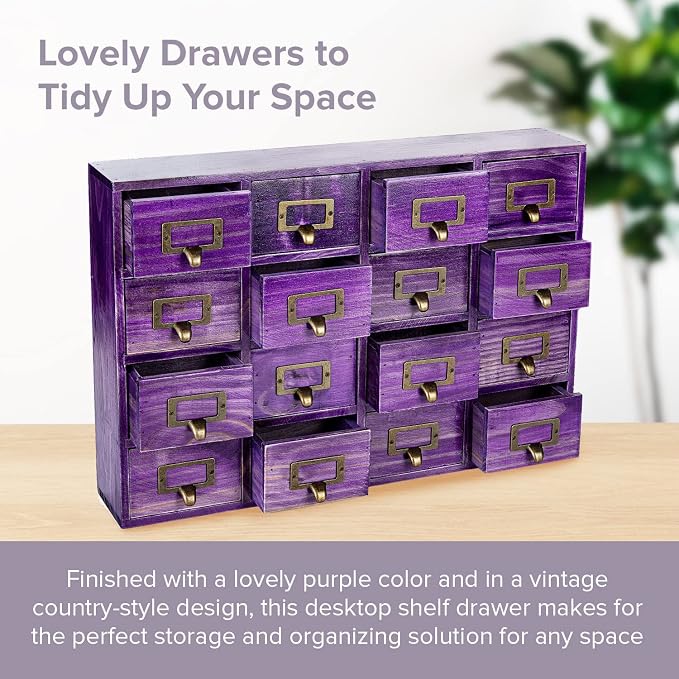 Purple 16-Slot Wooden Drawer Unit - Country Style Desk Organizer Box - 20"x3.6”x14” Wooden Storage Box w/ 16 Drawers - Countertop Drawers w/Label Holder & Handle - Slim 4-Level Organizer - Image 3